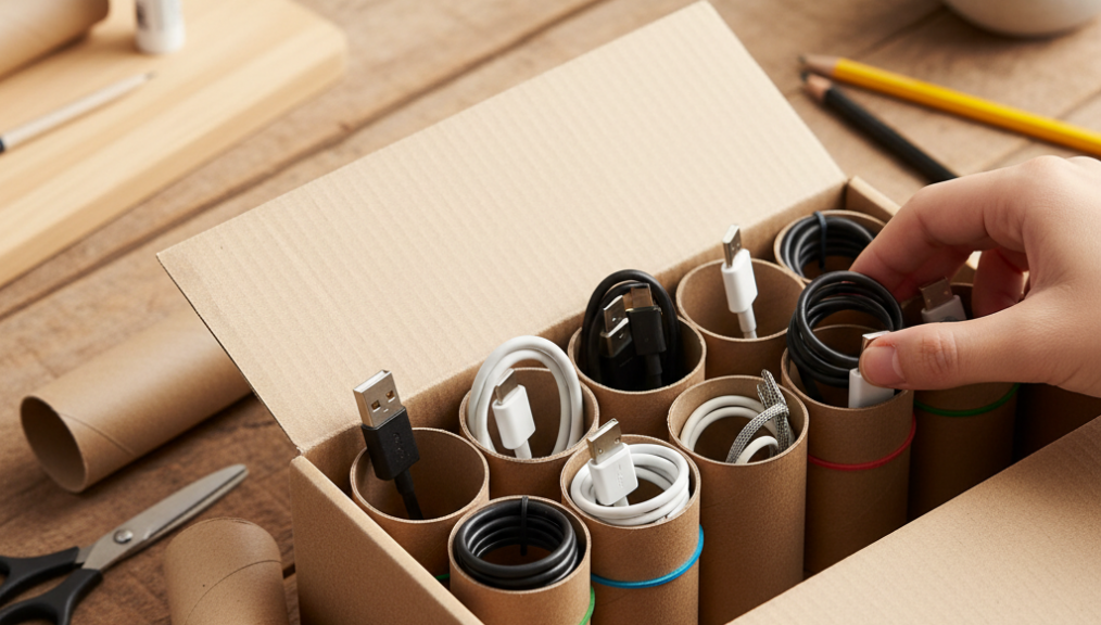 Cách tái chế lõi giấy vệ sinh thành hộp đựng cáp sạc gọn gàng trong 5 phút